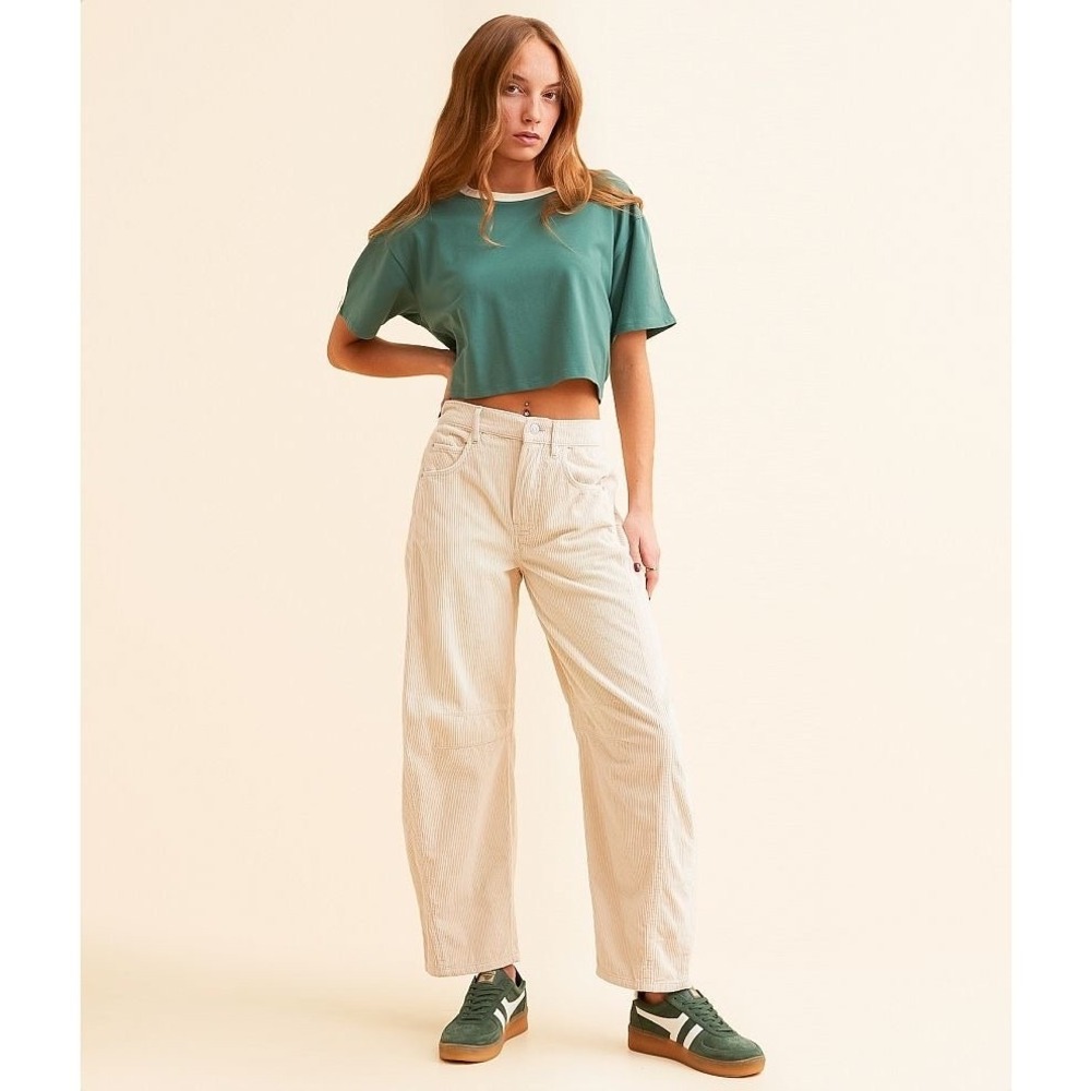 Free People Good Luck Mid-Rise‎ Corduroy Pants in Crystal Grey/Ivory Size 28